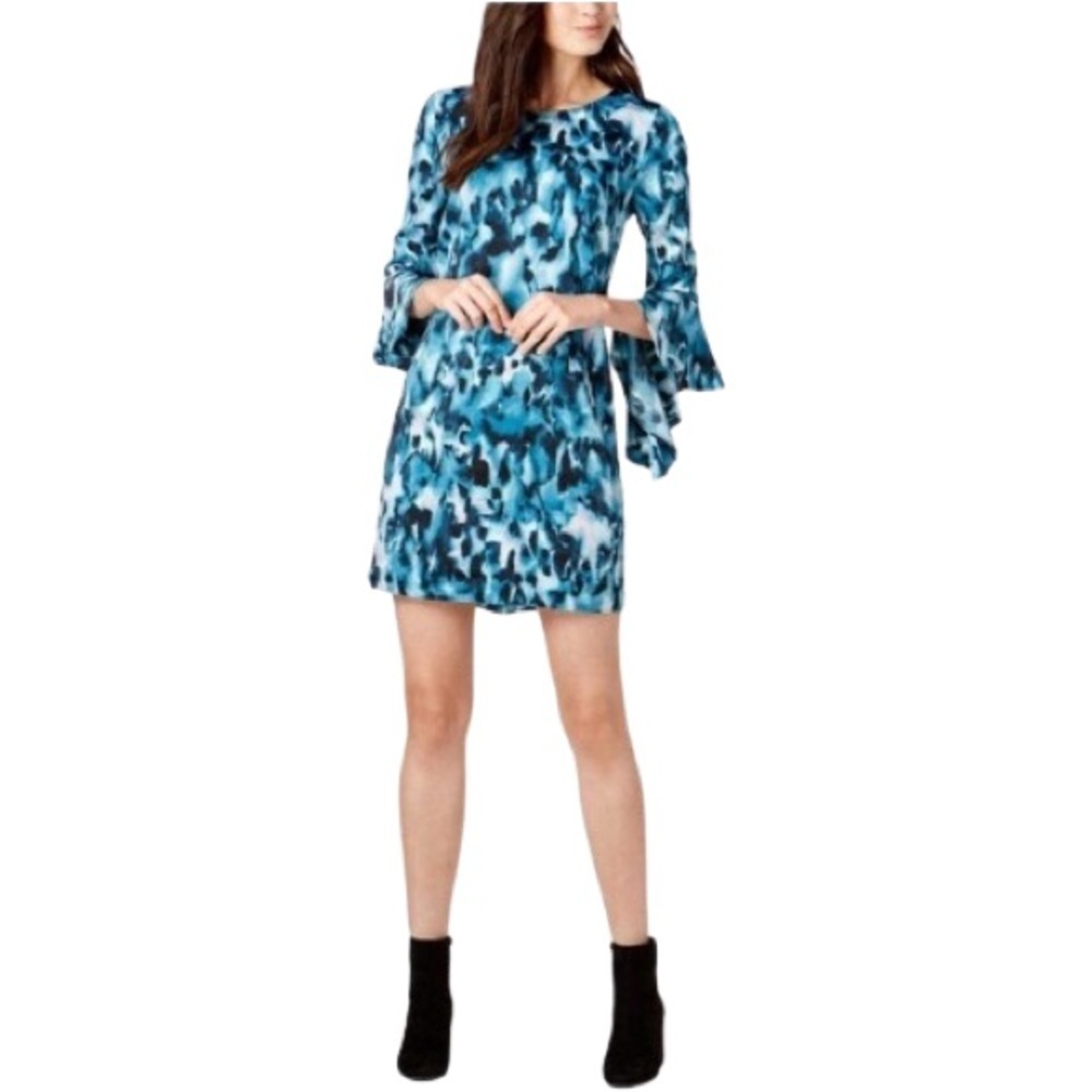 Women's M Bar III Ruffled Watercolor Mini Dress Blue Ruffled Sleeves